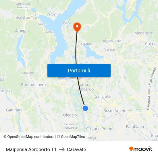 Malpensa Aeroporto T1 to Caravate map