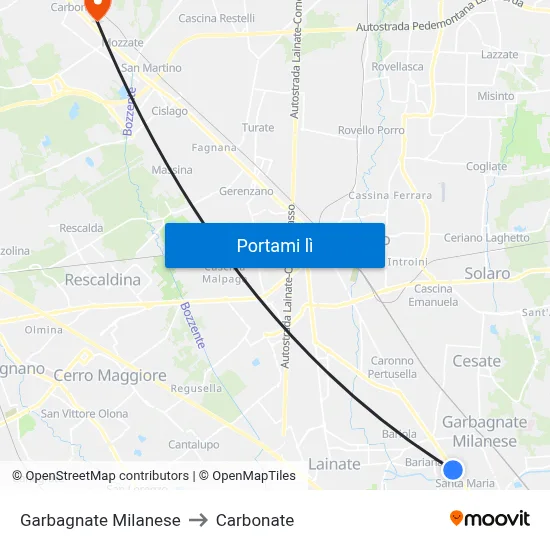 Garbagnate Milanese to Carbonate map