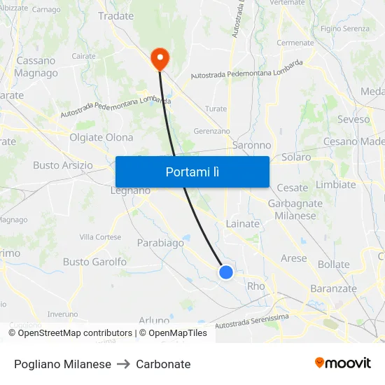Pogliano Milanese to Carbonate map