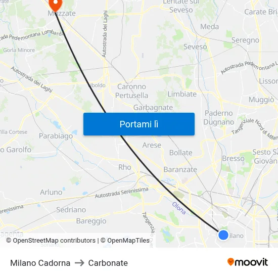 Milano Cadorna to Carbonate map