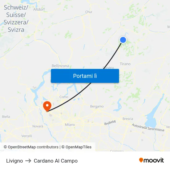 Livigno to Cardano Al Campo map
