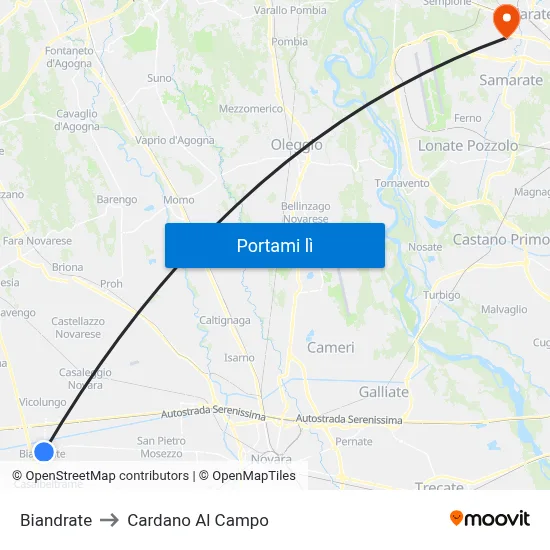 Biandrate to Cardano Al Campo map