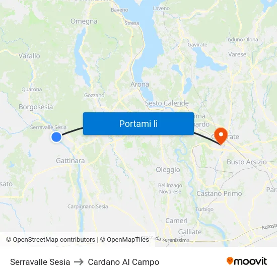 Serravalle Sesia to Cardano Al Campo map