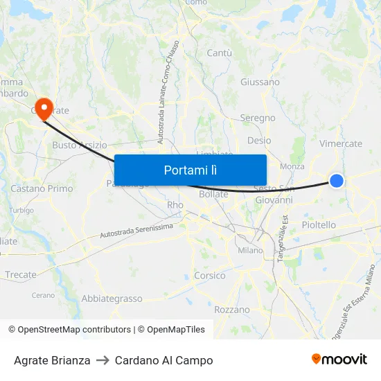 Agrate Brianza to Cardano Al Campo map