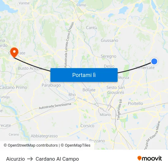 Aicurzio to Cardano Al Campo map