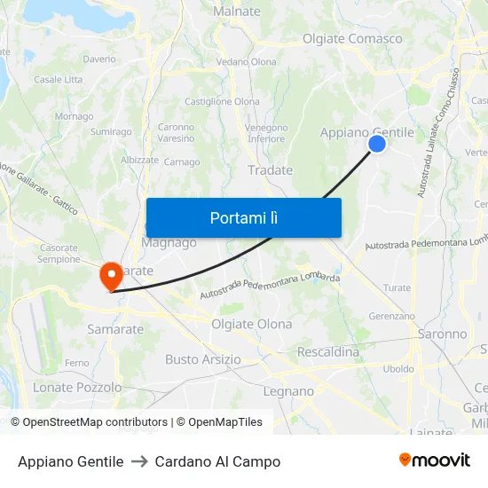 Appiano Gentile to Cardano Al Campo map