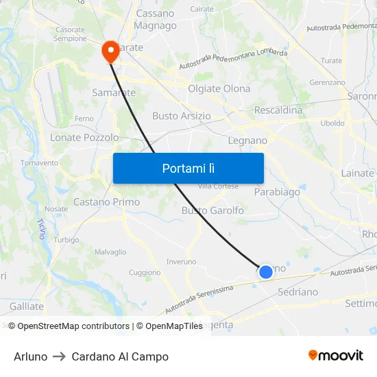 Arluno to Cardano Al Campo map
