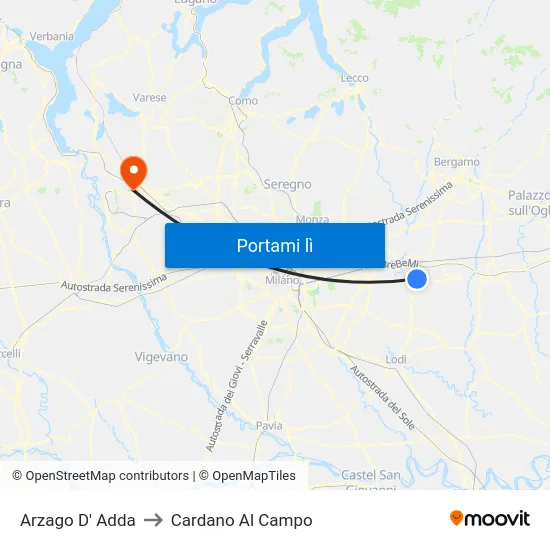 Arzago D' Adda to Cardano Al Campo map