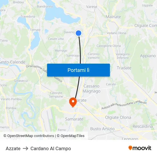 Azzate to Cardano Al Campo map
