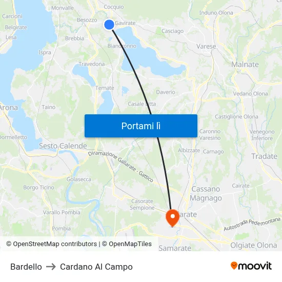 Bardello to Cardano Al Campo map