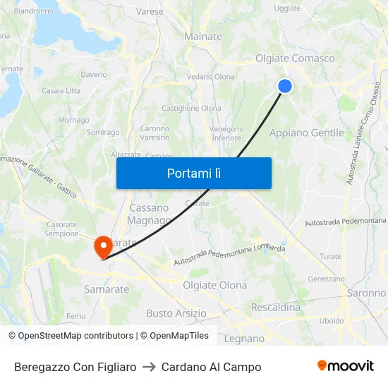 Beregazzo Con Figliaro to Cardano Al Campo map