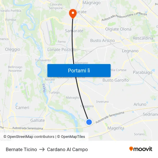 Bernate Ticino to Cardano Al Campo map
