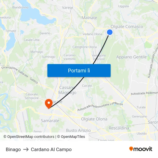 Binago to Cardano Al Campo map
