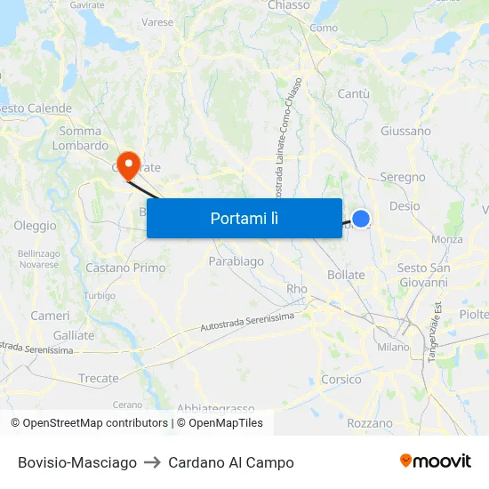 Bovisio-Masciago to Cardano Al Campo map