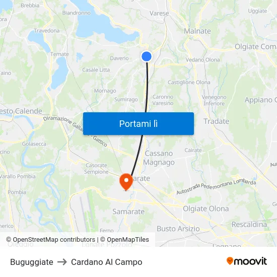 Buguggiate to Cardano Al Campo map