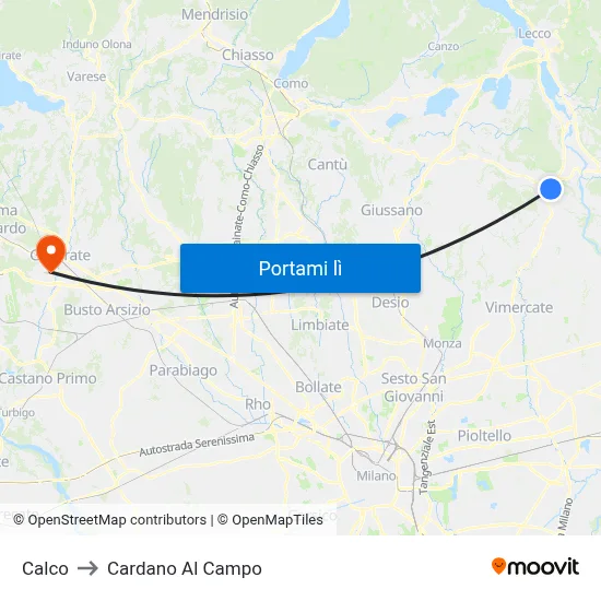 Calco to Cardano Al Campo map