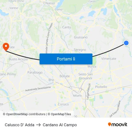 Calusco D' Adda to Cardano Al Campo map