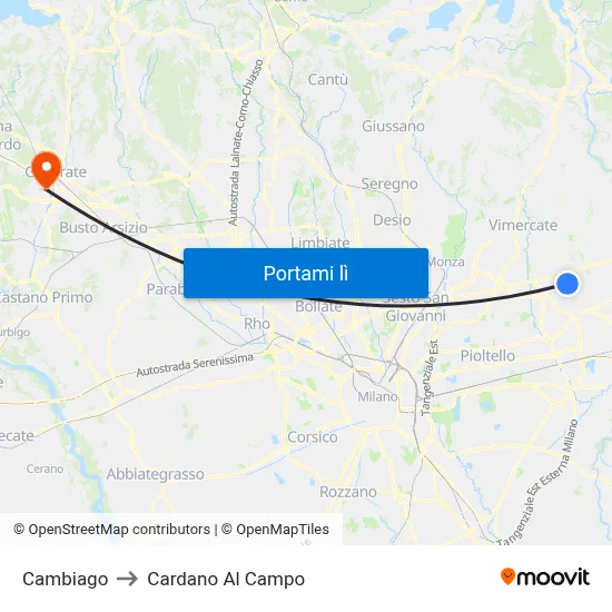Cambiago to Cardano Al Campo map