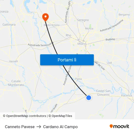 Canneto Pavese to Cardano Al Campo map