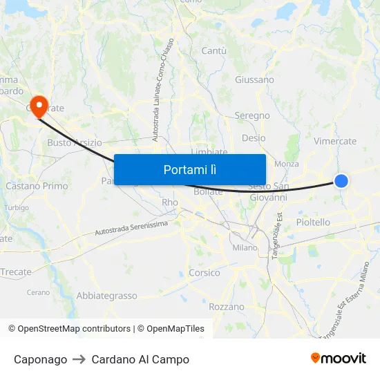 Caponago to Cardano Al Campo map