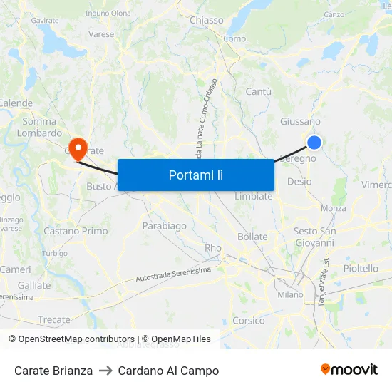 Carate Brianza to Cardano Al Campo map