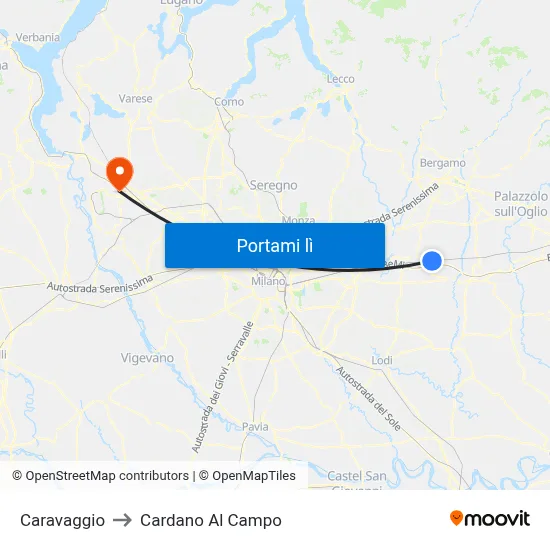 Caravaggio to Cardano Al Campo map