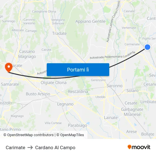 Carimate to Cardano Al Campo map