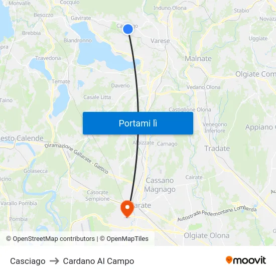 Casciago to Cardano Al Campo map