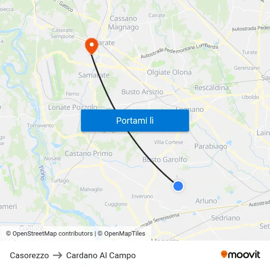 Casorezzo to Cardano Al Campo map