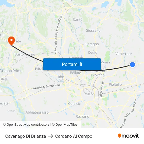 Cavenago Di Brianza to Cardano Al Campo map