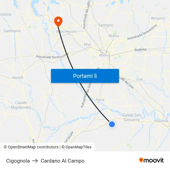 Cigognola to Cardano Al Campo map