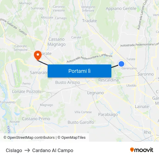 Cislago to Cardano Al Campo map