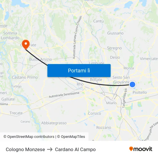 Cologno Monzese to Cardano Al Campo map