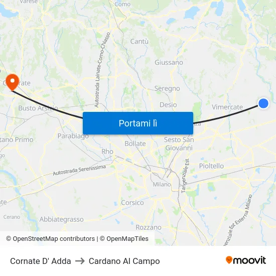 Cornate D' Adda to Cardano Al Campo map