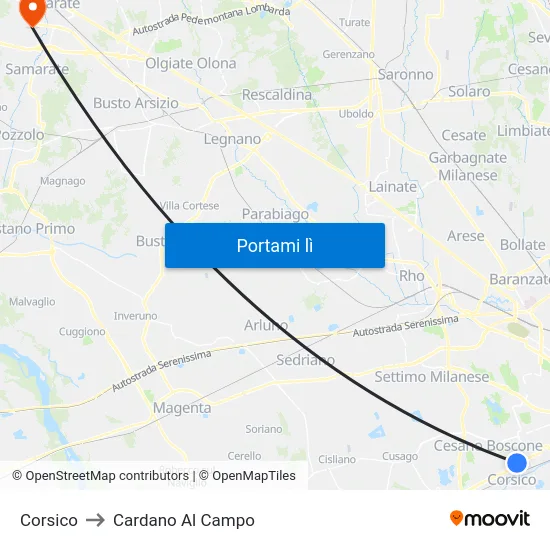 Corsico to Cardano Al Campo map