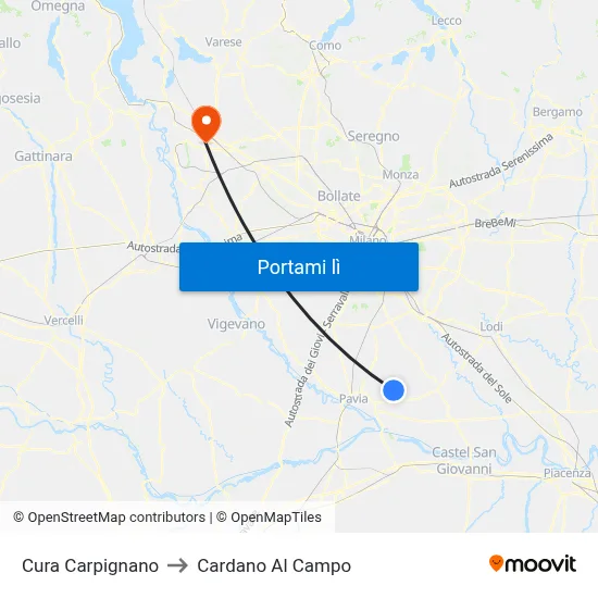 Cura Carpignano to Cardano Al Campo map