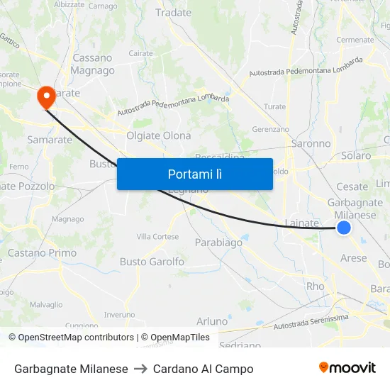Garbagnate Milanese to Cardano Al Campo map