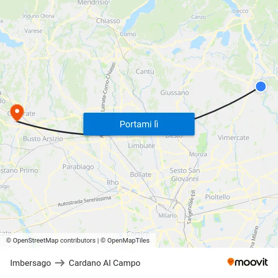 Imbersago to Cardano Al Campo map