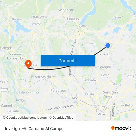 Inverigo to Cardano Al Campo map