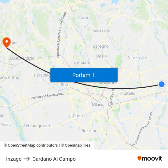 Inzago to Cardano Al Campo map