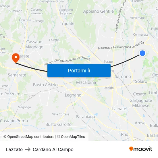 Lazzate to Cardano Al Campo map