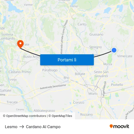 Lesmo to Cardano Al Campo map