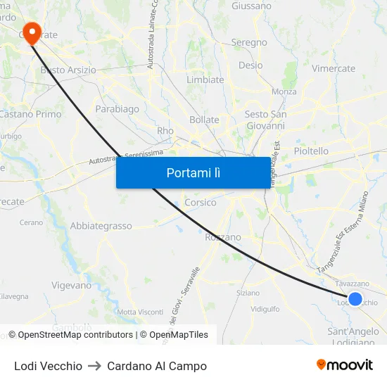 Lodi Vecchio to Cardano Al Campo map