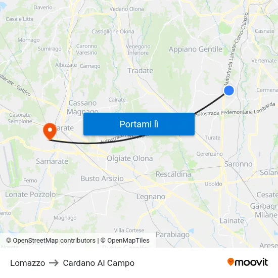 Lomazzo to Cardano Al Campo map