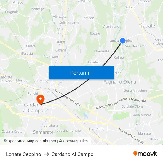 Lonate Ceppino to Cardano Al Campo map