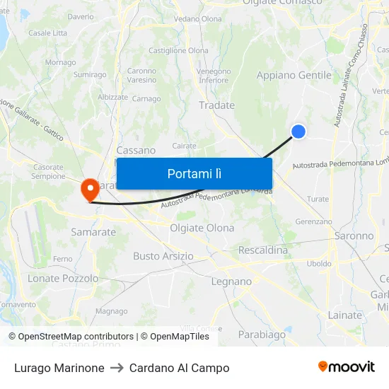 Lurago Marinone to Cardano Al Campo map