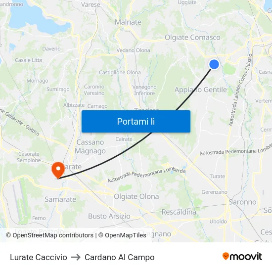 Lurate Caccivio to Cardano Al Campo map