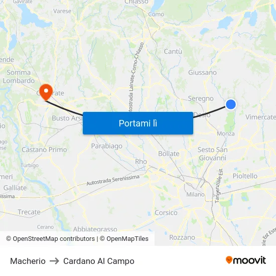 Macherio to Cardano Al Campo map