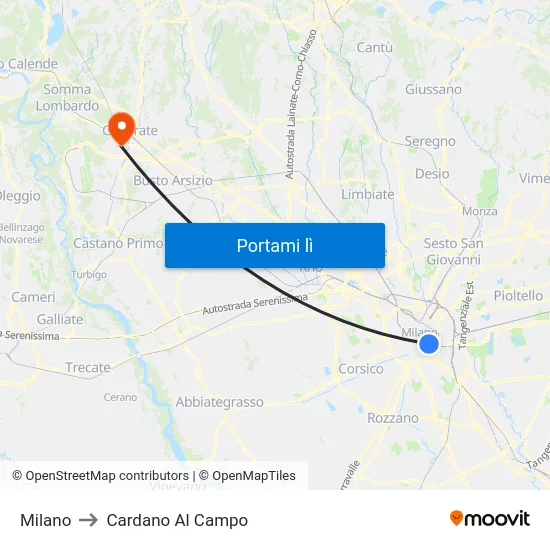 Milano to Cardano Al Campo map