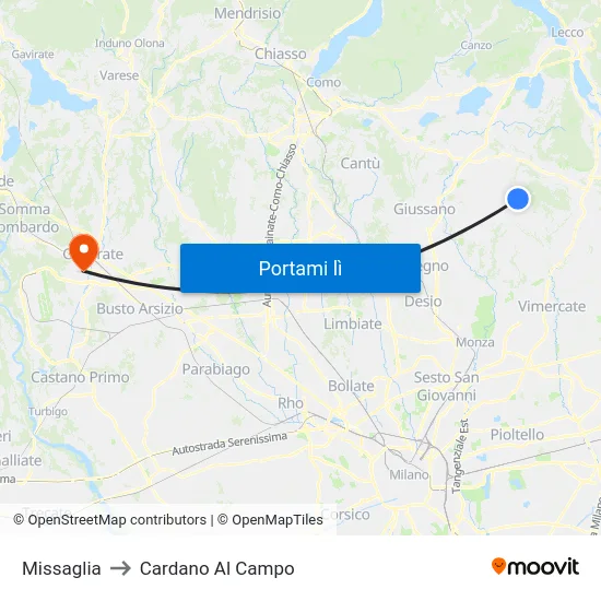Missaglia to Cardano Al Campo map
